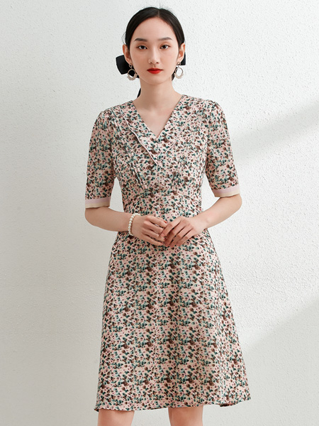 艾丽哲女装品牌2022夏季韩版V领复古连衣裙