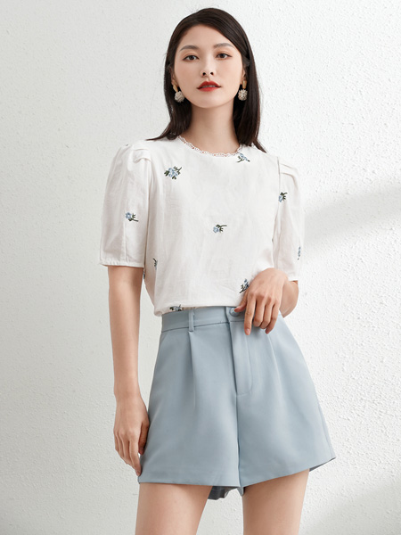 艾丽哲女装品牌2022夏季蓝色清新高腰商务短裤