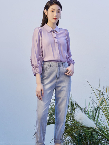 婕依妮女装品牌2022春夏紫色木耳边设计感名媛衬衫