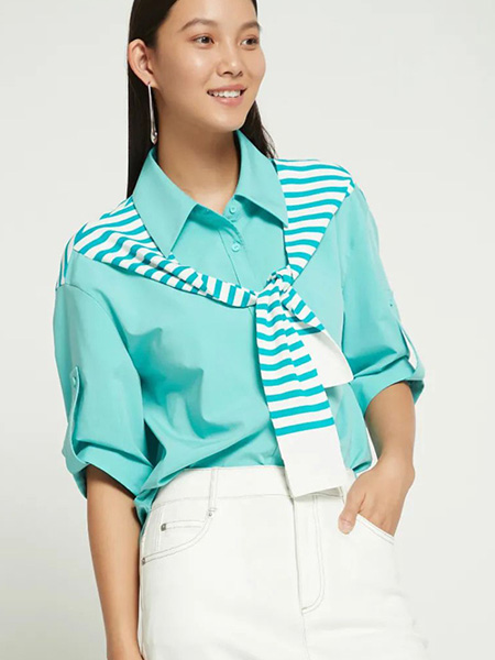 珂尼蒂思女装品牌2022夏季蓝色韩版简约中袖衬衫