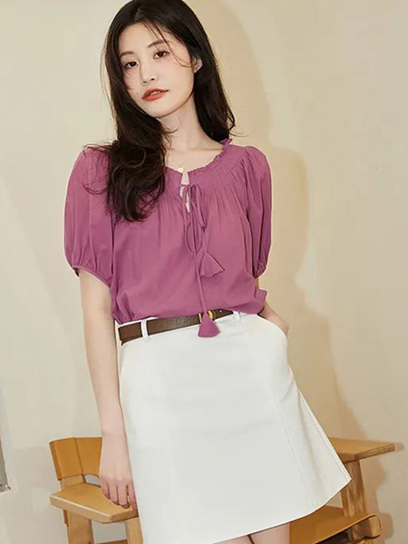 她图女装品牌2022夏季紫色灯笼袖森系气质小衫