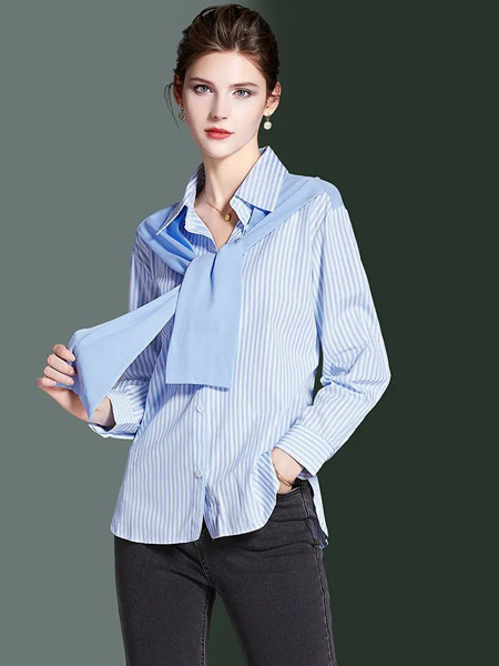 海青蓝女装品牌2022夏季条纹文艺范气质衬衫