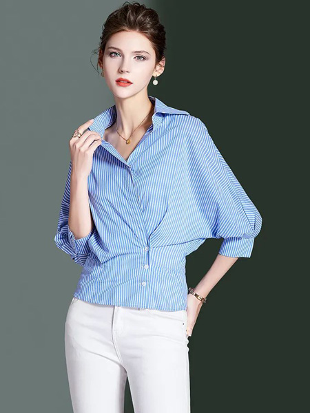 海青蓝女装品牌2022夏季蝙蝠袖显瘦条纹衬衫