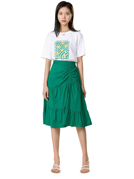 阿依莲女装品牌2022夏季绿色高腰森系百搭半身裙