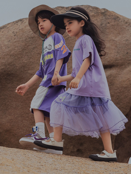 巴迪小虎童装品牌2022夏季紫色通勤街头风时尚套装