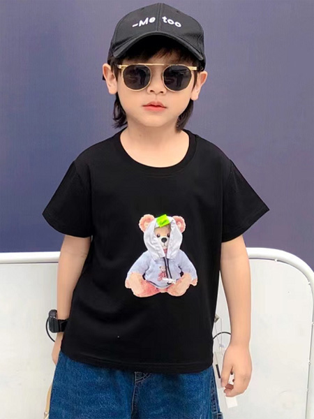 1+2=3童装童装品牌2022夏季黑色时尚短袖小熊T恤