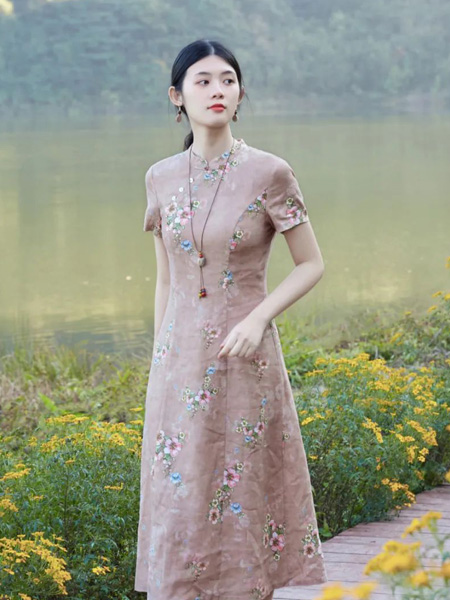 曼茜纱女装品牌2022夏季印花气质短袖连衣裙