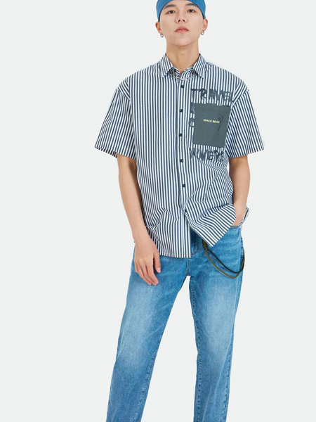 摩高男装品牌2022夏季条纹文艺范字母衬衫
