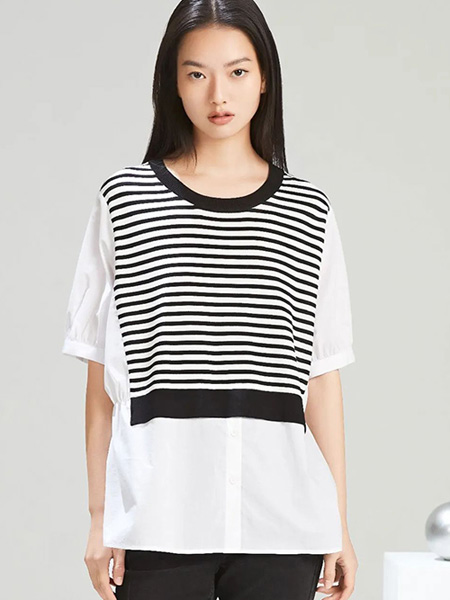 YXZ尤西子女装品牌2022夏季条纹拼接宽松T恤