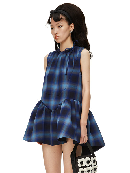 SHUSHU/TONG女装品牌2022夏季格纹系带不规则连衣裙