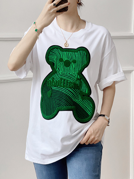D.T.Z女装品牌2022夏季小熊条纹刺绣T恤