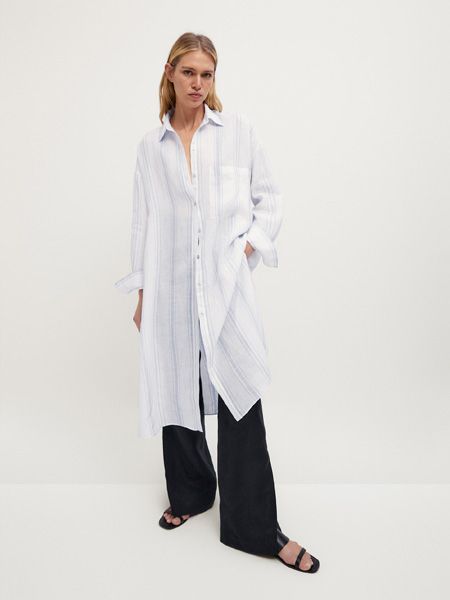 Massimo Dutti女装品牌2022春季长款条纹慵懒风衬衫
