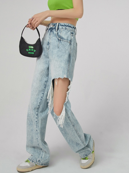 chuu女装品牌2022夏季做旧牛仔街头风长裤