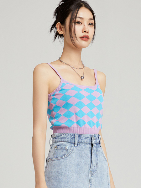 ONEMORE女装品牌2022夏季菱形纹原宿风柔软吊带衫