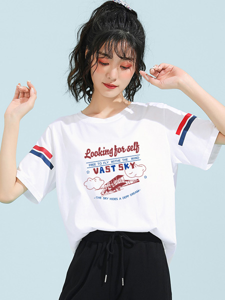 米子旗女装品牌2022夏季学院风气质印花T恤