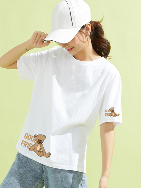 米子旗女装品牌2022夏季卡通小熊印花T恤