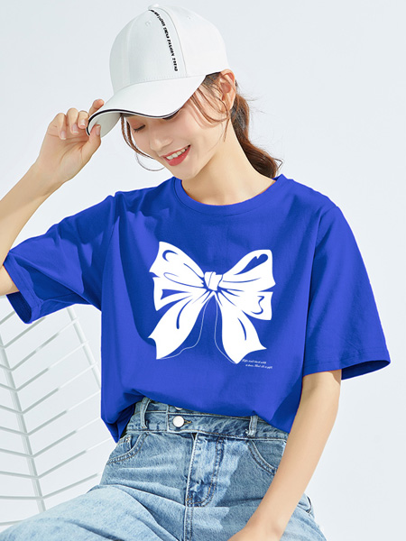 米子旗女装品牌2022夏季蝴蝶结俏皮圆领T恤