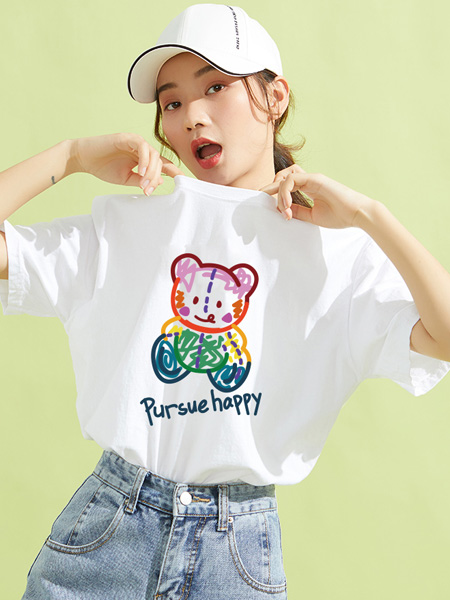 米子旗女装品牌2022夏季字母小熊清凉T恤
