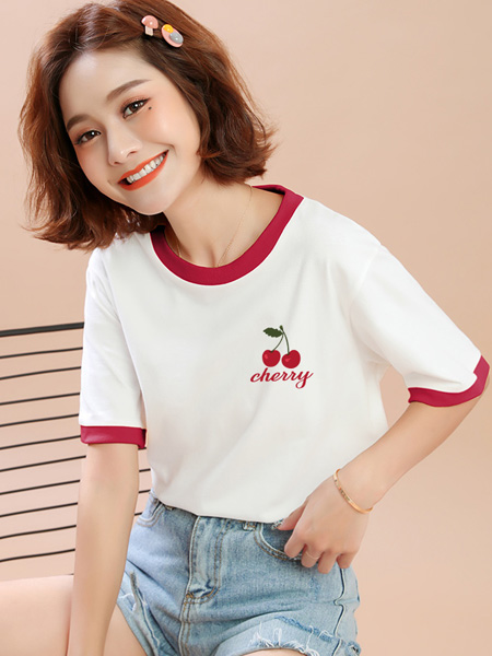 米子旗女装品牌2022夏季樱桃甜美宽松T恤