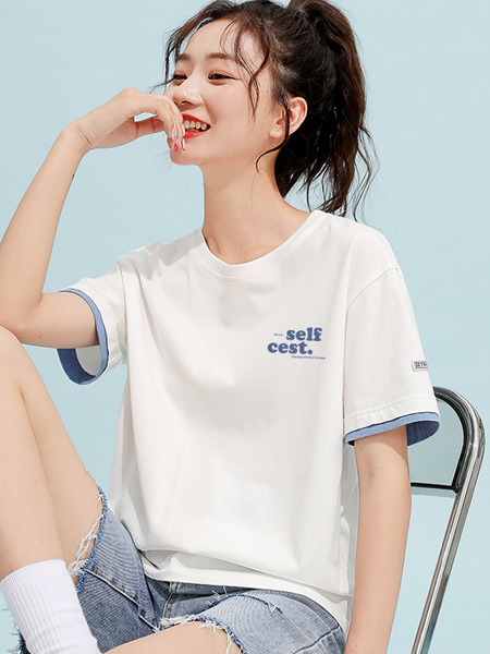 米子旗女装品牌2022夏季假两件休闲宽松T恤