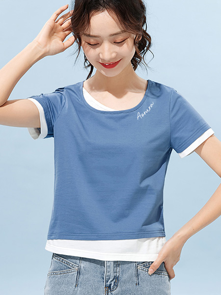 米子旗女装品牌2022夏季假两件字母舒适T恤