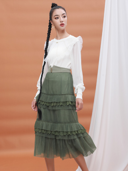 伊娜天ENATIAN女裝品牌2022春夏蕾絲復古網紗半身裙