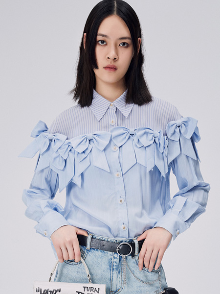 N-ONE女装品牌2022夏季蝴蝶结设计感条纹衬衫