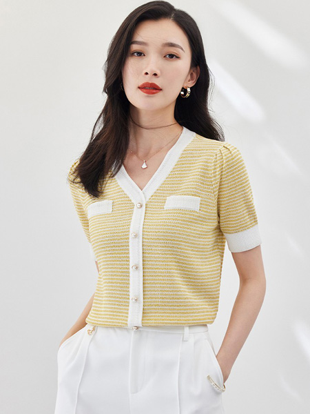 欧莎女装品牌2022夏季条纹小香风钉珠针织衫