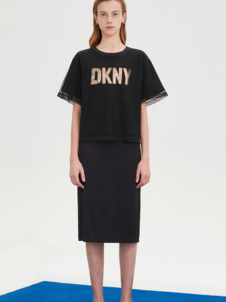 DKNY唐可娜儿女装品牌2022夏季宽松蕾丝网纱T恤