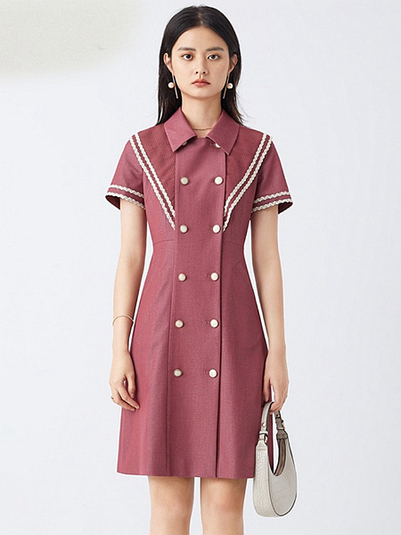 衣莱尔女装品牌2022夏季波纹蕾丝排扣连衣裙