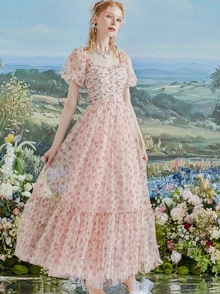 花儿开了女装品牌2022夏季草莓印花甜美连衣裙