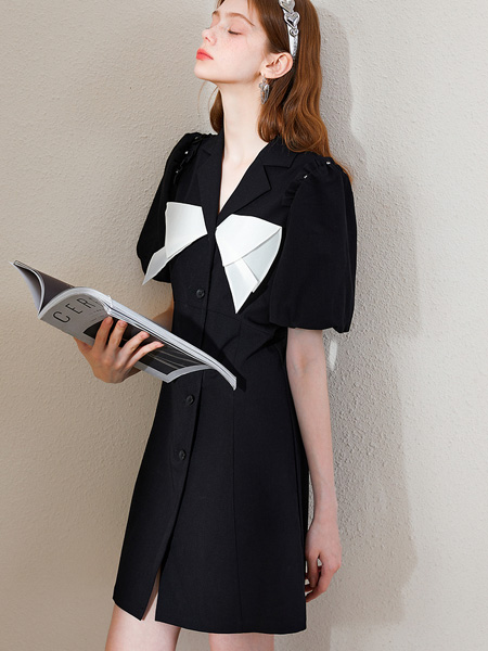 卡贝奈尔女装品牌2022夏季蝴蝶结设计感挺括西装裙