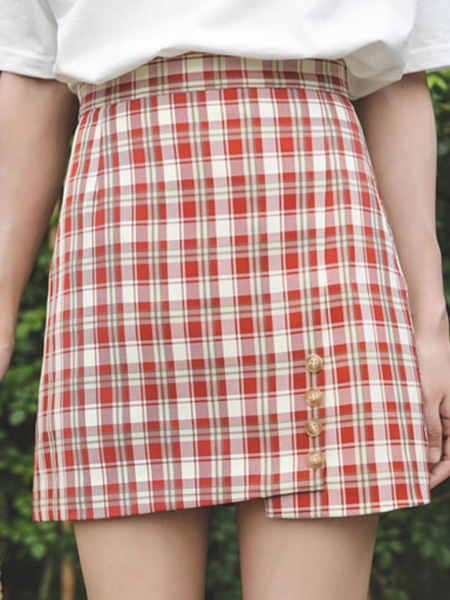 cici-shop女装品牌2022夏季格纹少女排扣半身裙