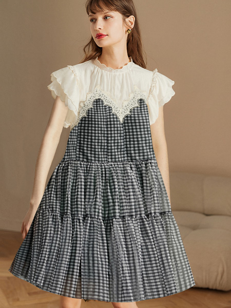 DFVC女装品牌2022夏季格纹蕾丝假两件连衣裙