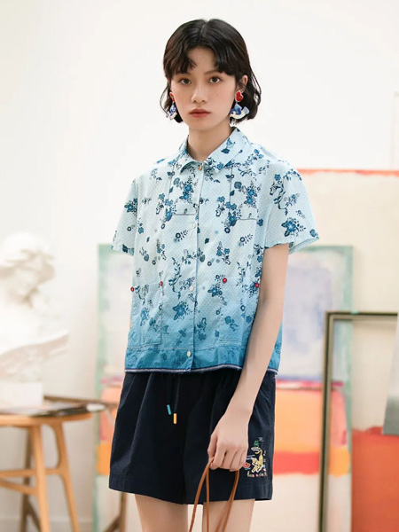 非鱼女装品牌2022夏季印花中国风时尚衬衫