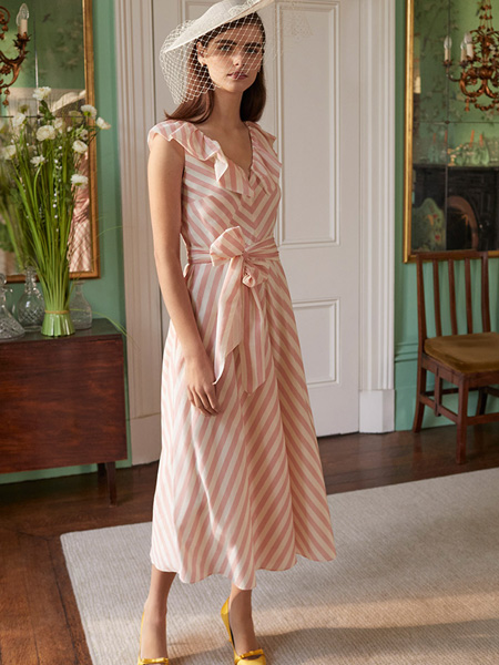 L.K. Bennett女装品牌2022夏季荷叶边条纹度假风连衣裙