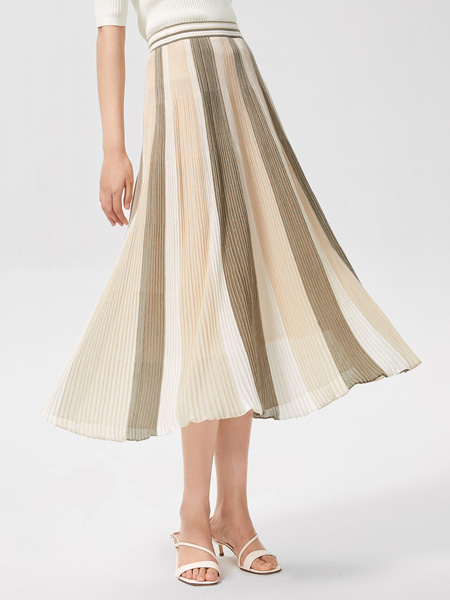 OVV女装品牌2022夏季条纹压褶条纹长款半身裙
