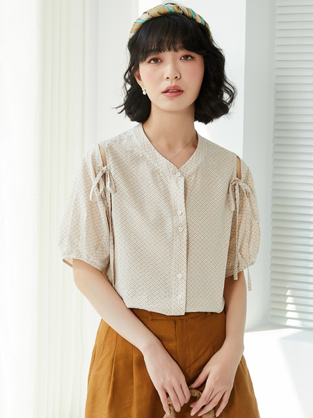 古木夕羊GMXY女装品牌2022夏季韩版系带格纹上衣