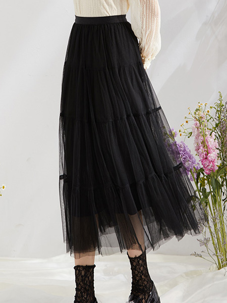 EF女装品牌2022夏季网纱长款高腰半身裙