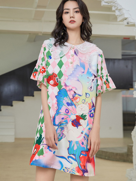 米可芭娜女装品牌2022夏季艺术感满印个性连衣裙