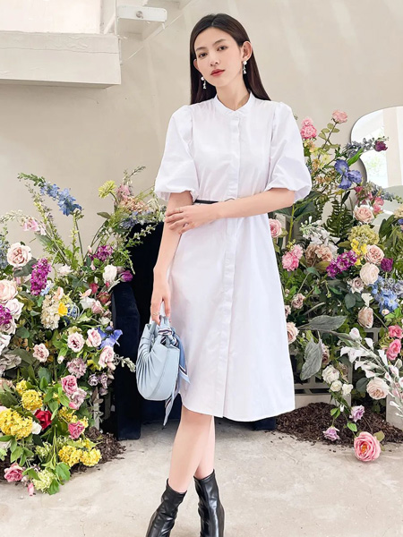F.SHINE女装品牌2022秋季灯笼袖薄款气质衬衫裙