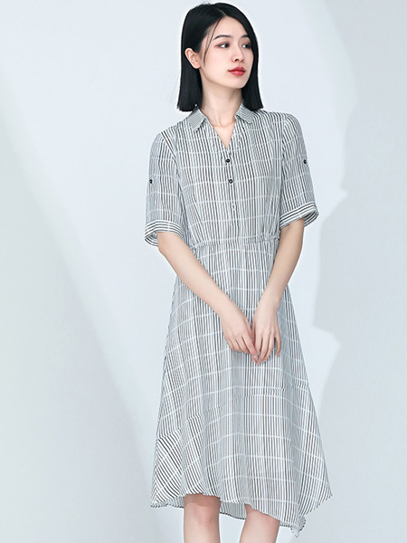 TR/BECA翠贝卡女装品牌2022夏季不对称条纹宽松衬衫裙