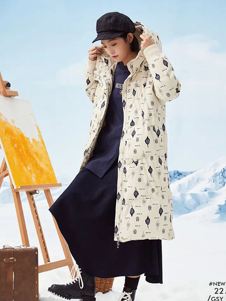 古树叶女装品牌2022秋冬图案保暖舒适长款羽绒服外套