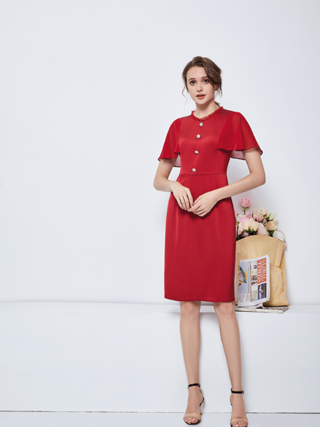 都姿女装品牌2022春夏红色商务森系通勤风街头范连衣裙