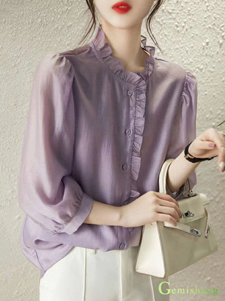 歌米裳女装品牌2022秋季紫色七分雪纺衬衫
