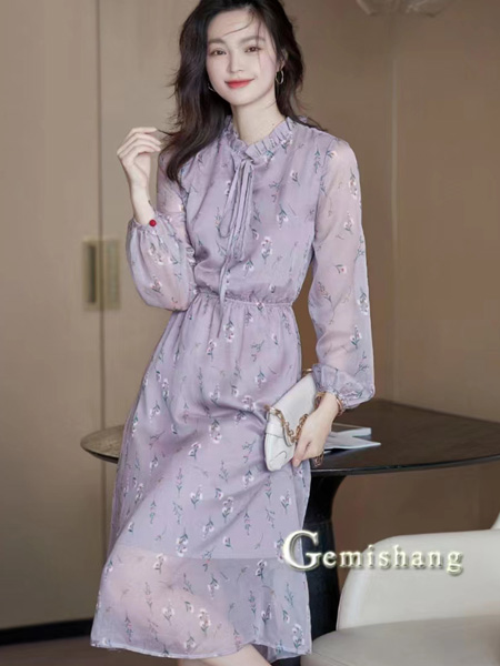 歌米裳女装品牌2022秋季高腰显瘦紫色雪纺碎花连衣裙