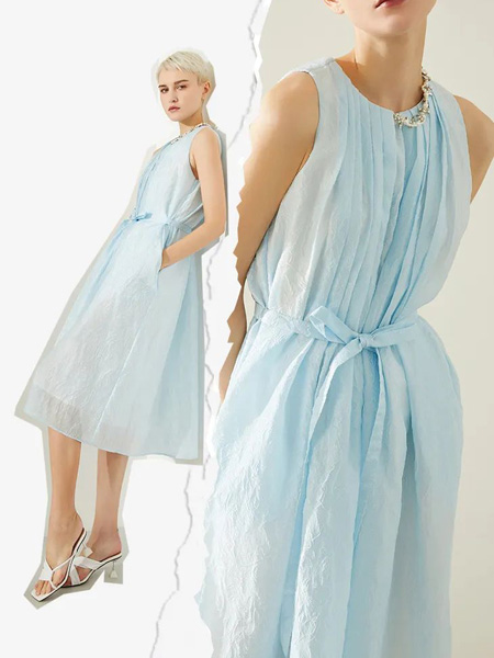 朗黛国际女装品牌2022夏季BF风百搭名媛气质款无袖连衣裙