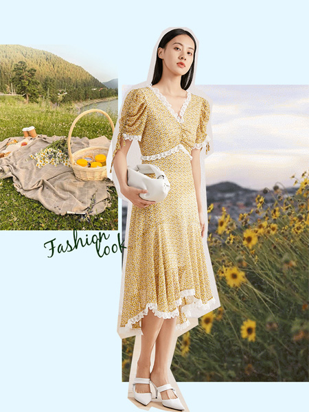 朗黛国际女装品牌2022夏季蕾丝边设计感温柔舒适碎花裙