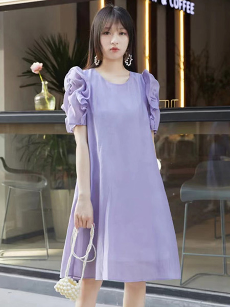 台绣女装品牌2022夏季紫色个性泡泡袖连衣裙
