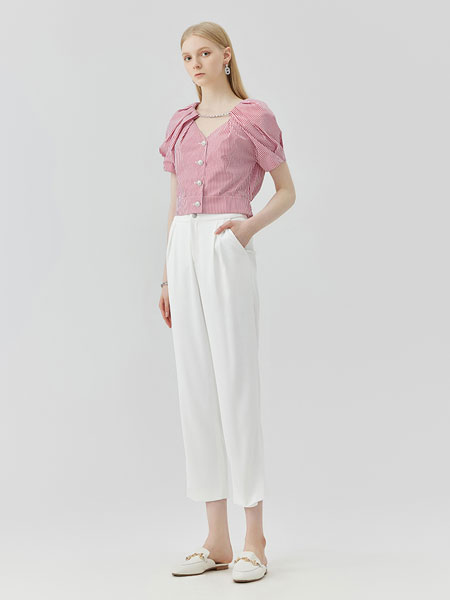 拾默女装品牌2022夏季粉色上衣白色八分裤套装
